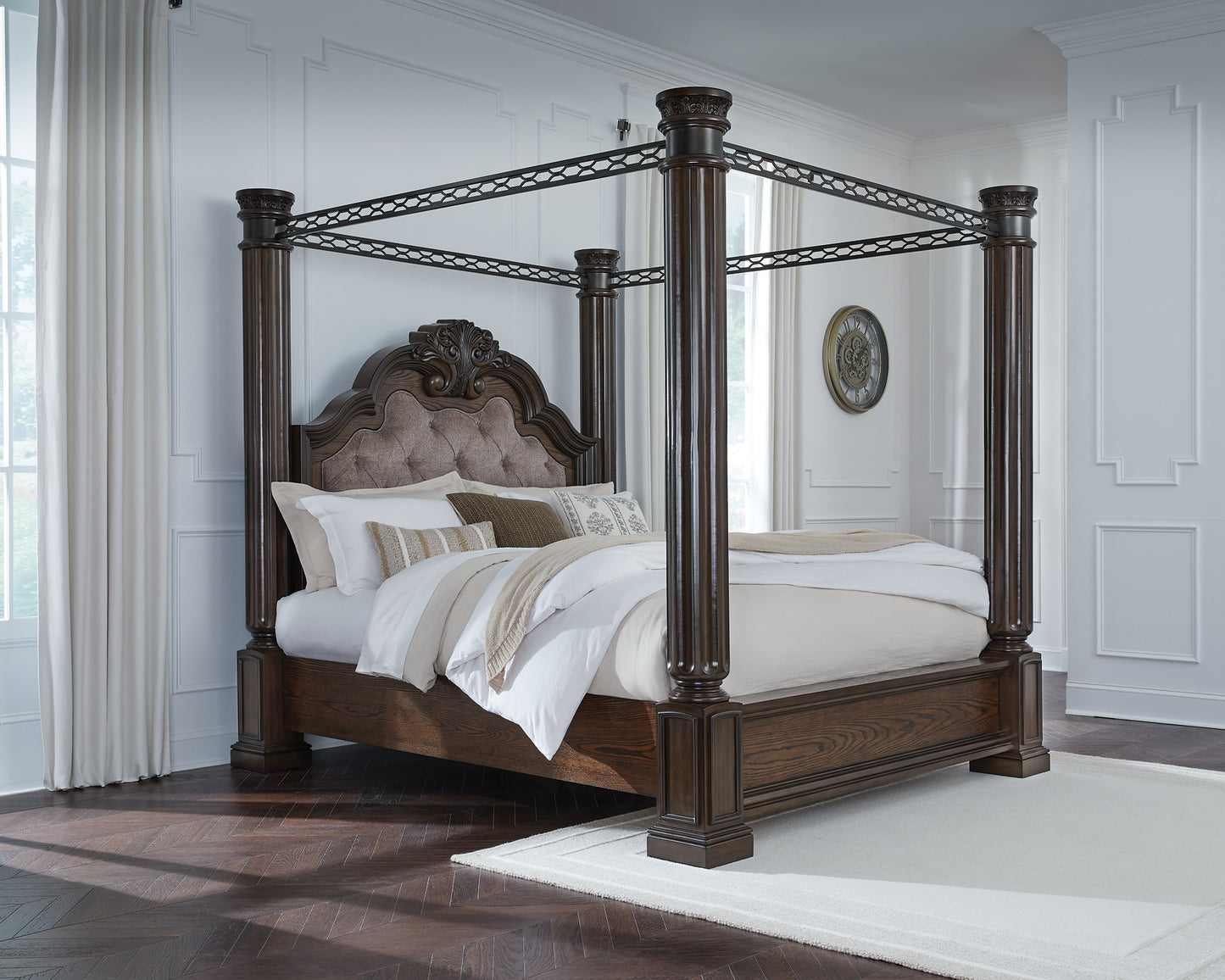 Maylee King Canopy Bed with Mirrored Dresser, Chest and Nightstand