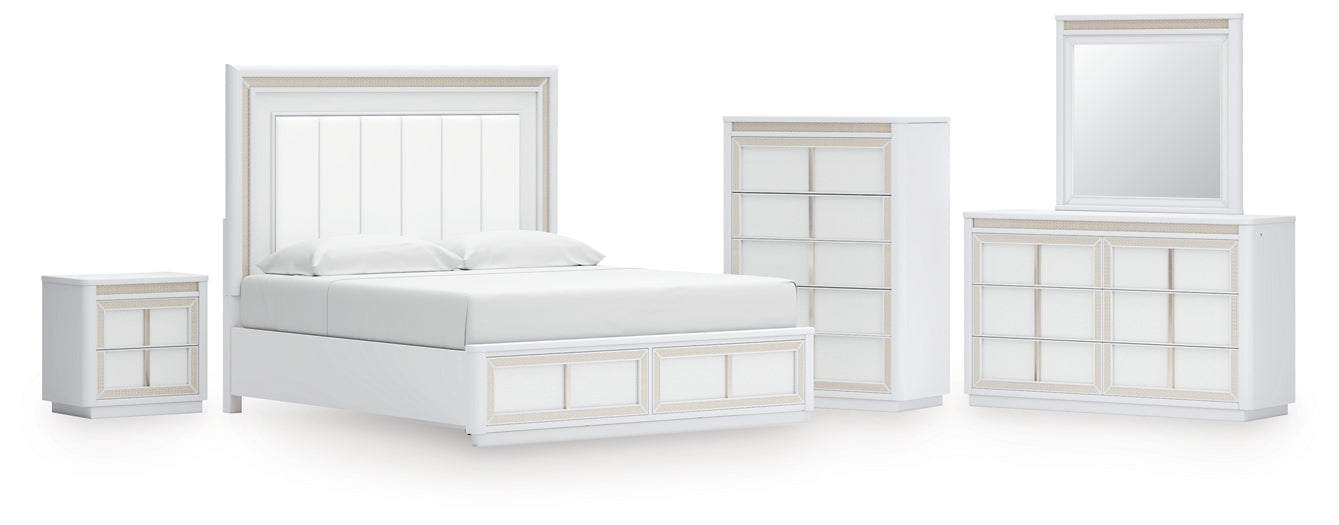 Chalanna King Upholstered Storage Bed with Mirrored Dresser, Chest and Nightstand